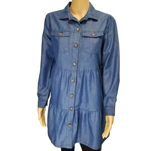 Blue Jean Long Sleeve Tiered Button Down Shirt Dress Shacket Size Medium NWOT